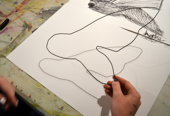 Students use modelling wire to ‘draw’ an insect from their first drawings in black pen.  The purpose of this exercise was to help them see and draw form and to think about the quality of line achievable in black pen. It was also an exercise in simple abstraction or simplification of subject matter.