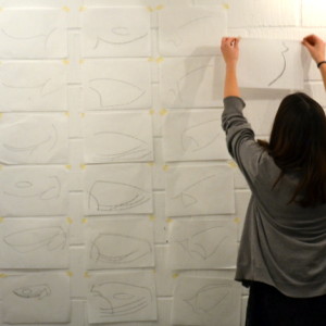 Libby placing her minimalised drawings on the wall as she completes them