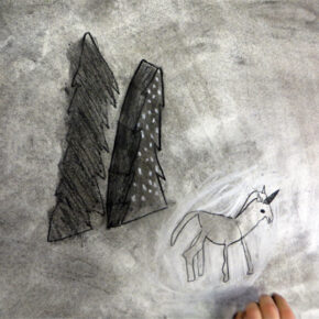 ADAPT the Drawing Stories resource and enable children to make a creative response to the environment they built above by exploring charcoal. Explore "chiaroscuro" (light/dark) to create drama and mood.