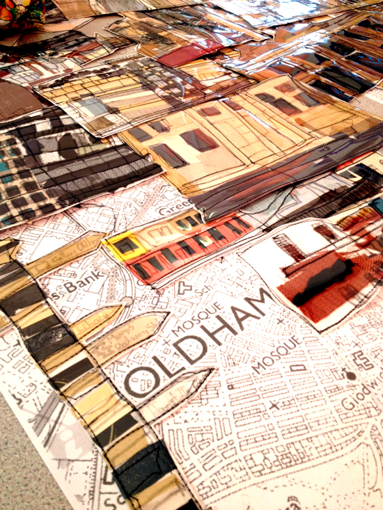 Collaged landmarks of Oldham ready for display at St Thomas C of England Primary School, Oldham