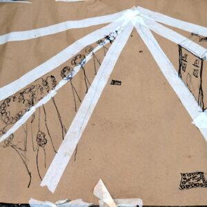 Students use tape to mark out lines to a vanishing point to help mark out and build up a drawing of the street