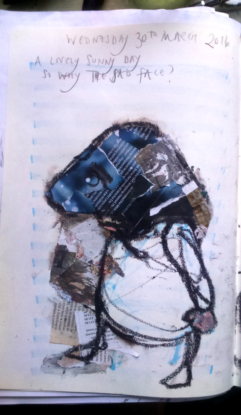 August Creative Challenge: Conveying emotions through colour and distortion: use of appropriately coloured collaged pieces and oversized head to convey weight of feelings. From Morag’s daily visual diary 2016