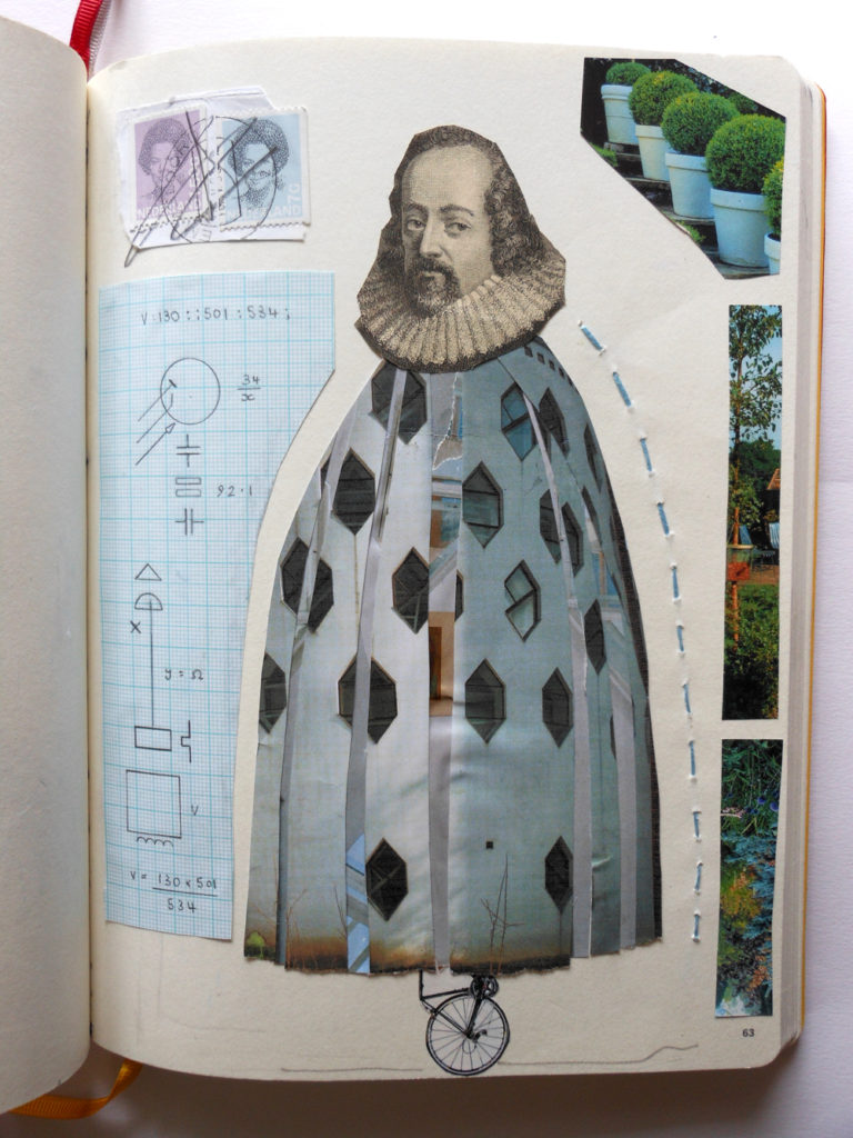 August Creative Challenge: Sketchbook page by Andrea Butler (collage, drawing and stitch)