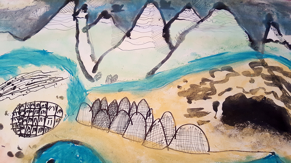 Imagined landscape drawing inspired by Maurice Sendak