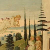 Psyche is blown off the hill by Zephyrus the wind - a detail in a painting by Del Sellaio of Cupid and Psyche painted in 1473