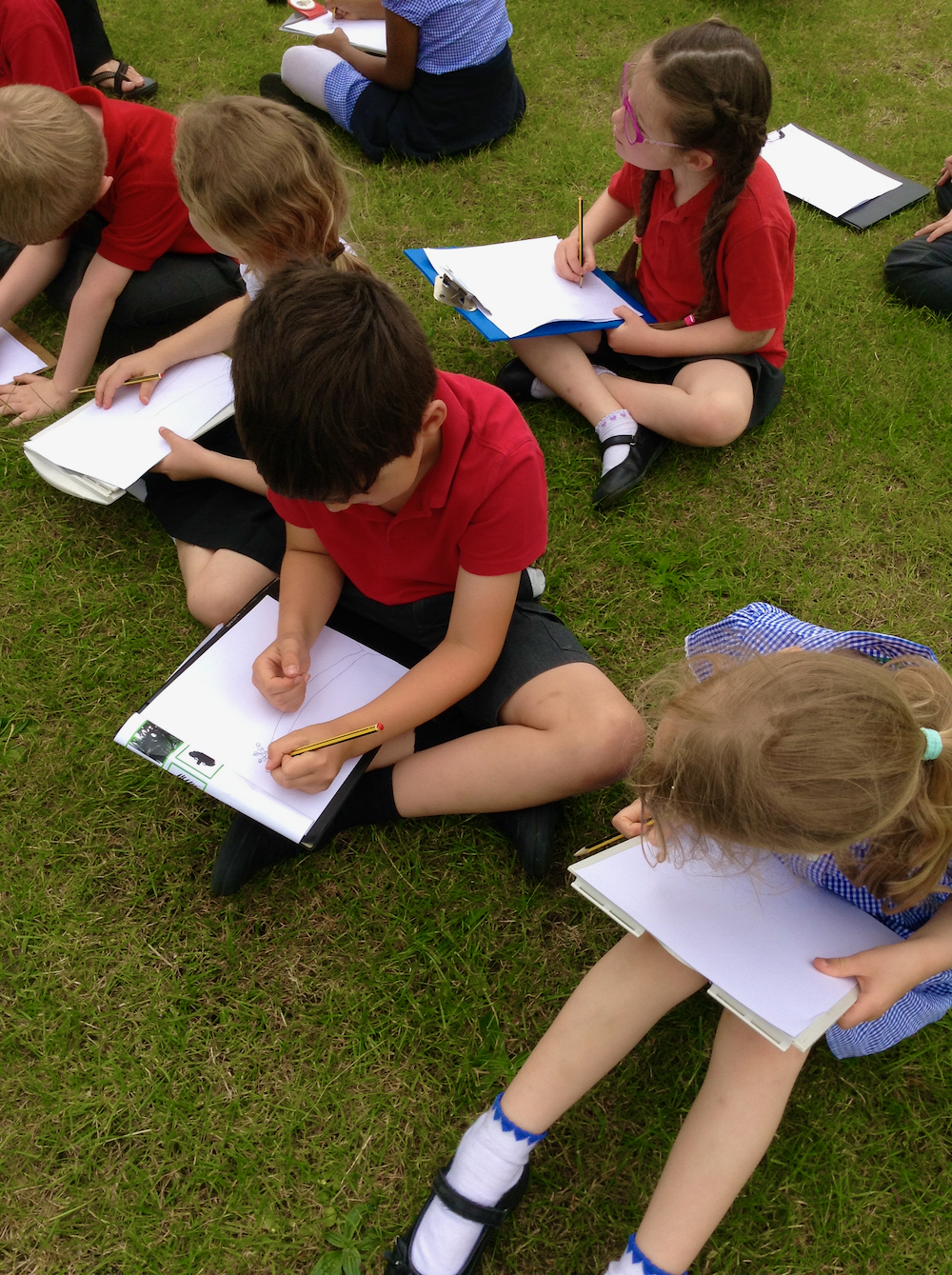 Year One and Two Children from Hauxton Primary School sitting on grass completing worksheets about trees for Inspire with teacher Pamala Stewart 