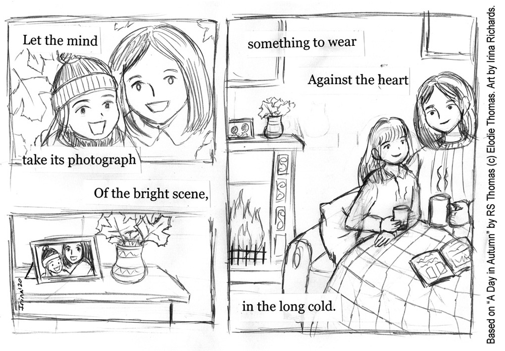 Sketched page 4. Based on the poem "A Day in Autumn" by RS Thomas (c) Elodie Thomas. Art by Irina Richards.