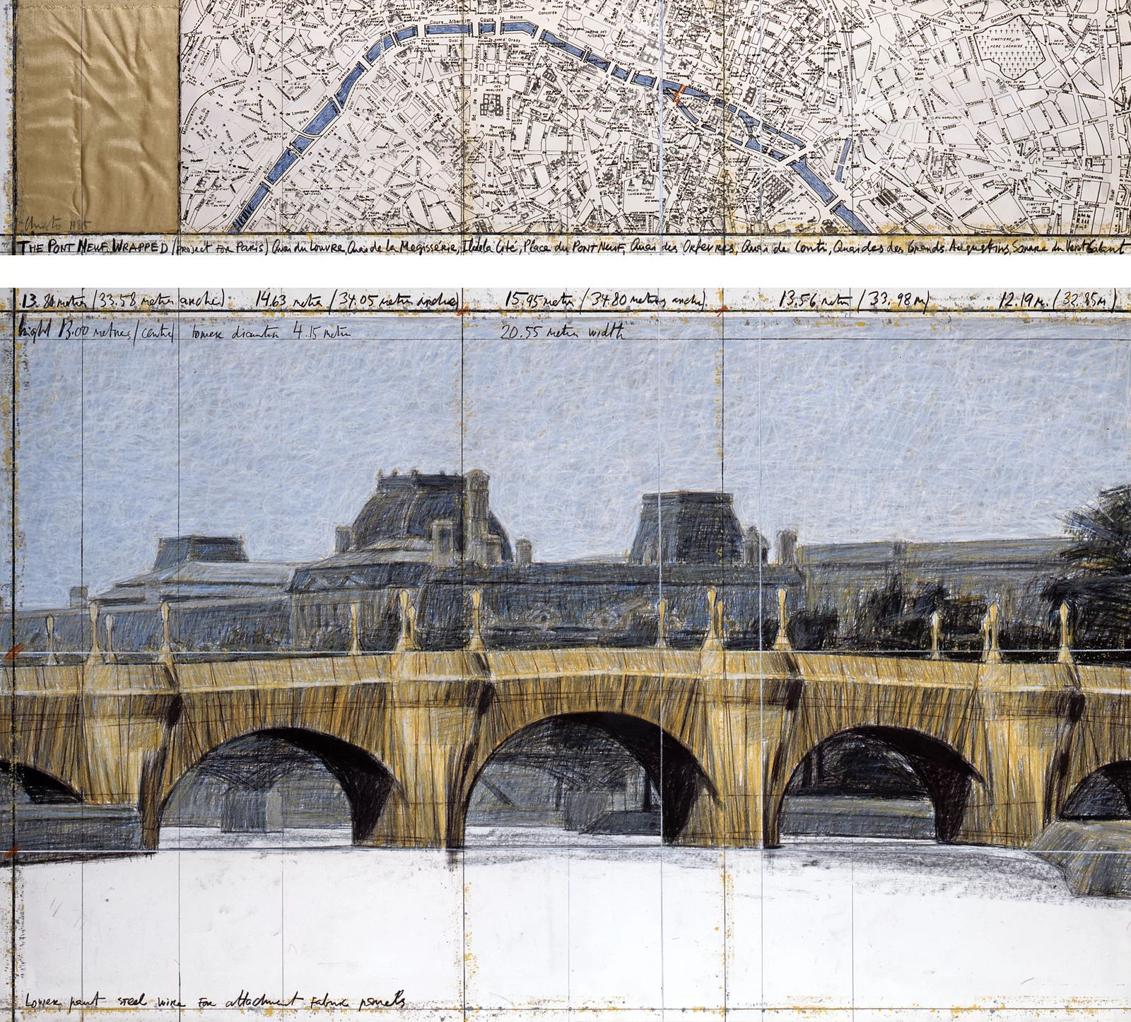 Christo The Pont Neuf Wrapped (Project for Paris) Drawing 1985 in two parts Pencil, charcoal, wax crayon, map, and fabric sample 38 x 165 cm and 106.6 x 165 cm (15 x 65 in and 42 x 65 in) — Private collection Photo: Wolfgang Volz © 1985 Christo and Jeanne-Claude Foundation
