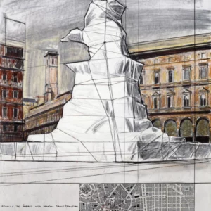 Christo Wrapped Monument to Vittorio Emanuele (Project for Piazza de Duomo, Milano) Collage 1970 Pencil, fabric, twine, charcoal, pastel, wax crayon, and map 71 x 56 cm (28 x 22 in) — Victoria and Albert Museum, London, United Kingdom Photo: Shunk-Kender © 1970 Christo and Jeanne-Claude Foundation and J. Paul Getty Trust