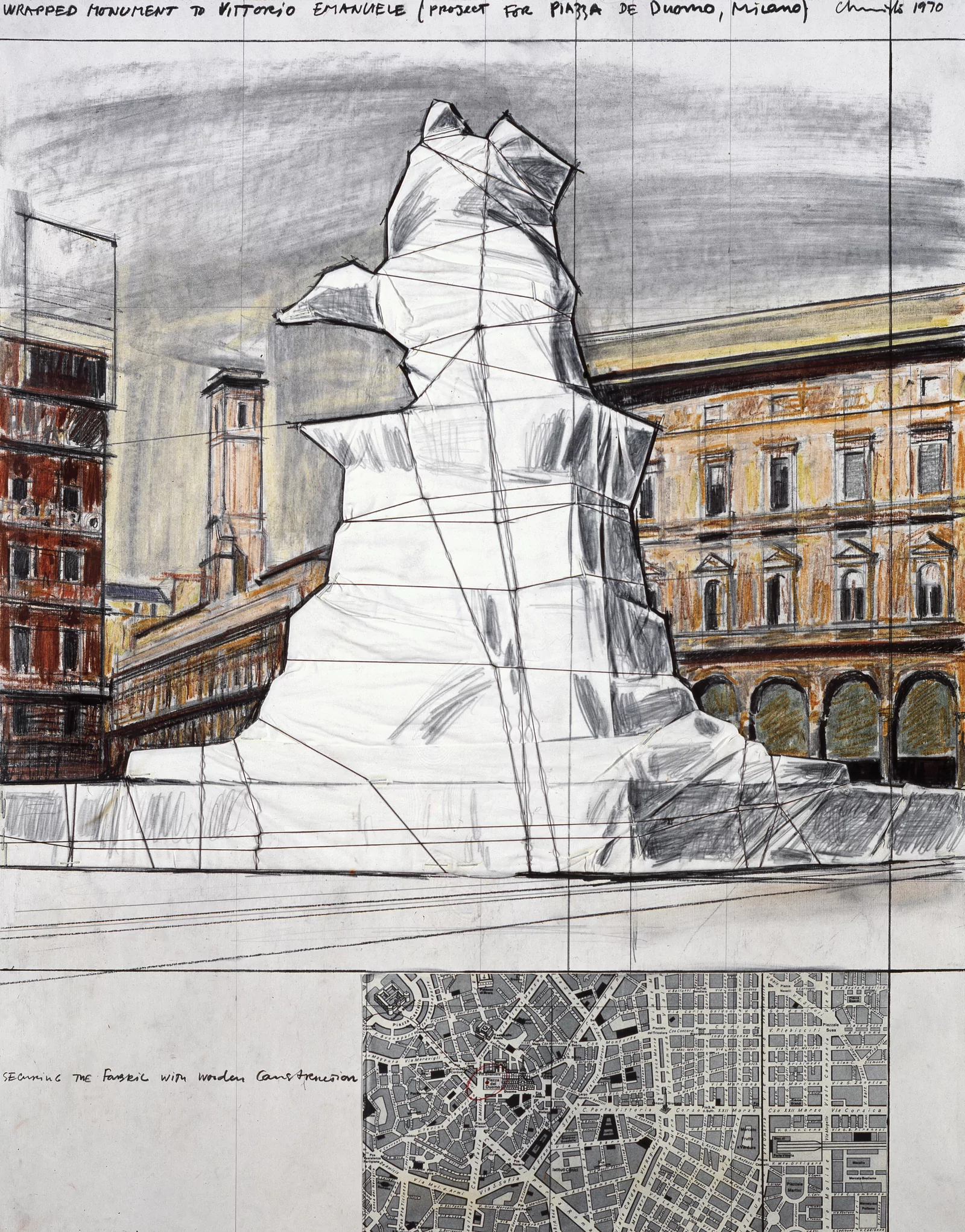 Christo Wrapped Monument to Vittorio Emanuele (Project for Piazza de Duomo, Milano) Collage 1970 Pencil, fabric, twine, charcoal, pastel, wax crayon, and map 71 x 56 cm (28 x 22 in) — Victoria and Albert Museum, London, United Kingdom Photo: Shunk-Kender © 1970 Christo and Jeanne-Claude Foundation and J. Paul Getty Trust