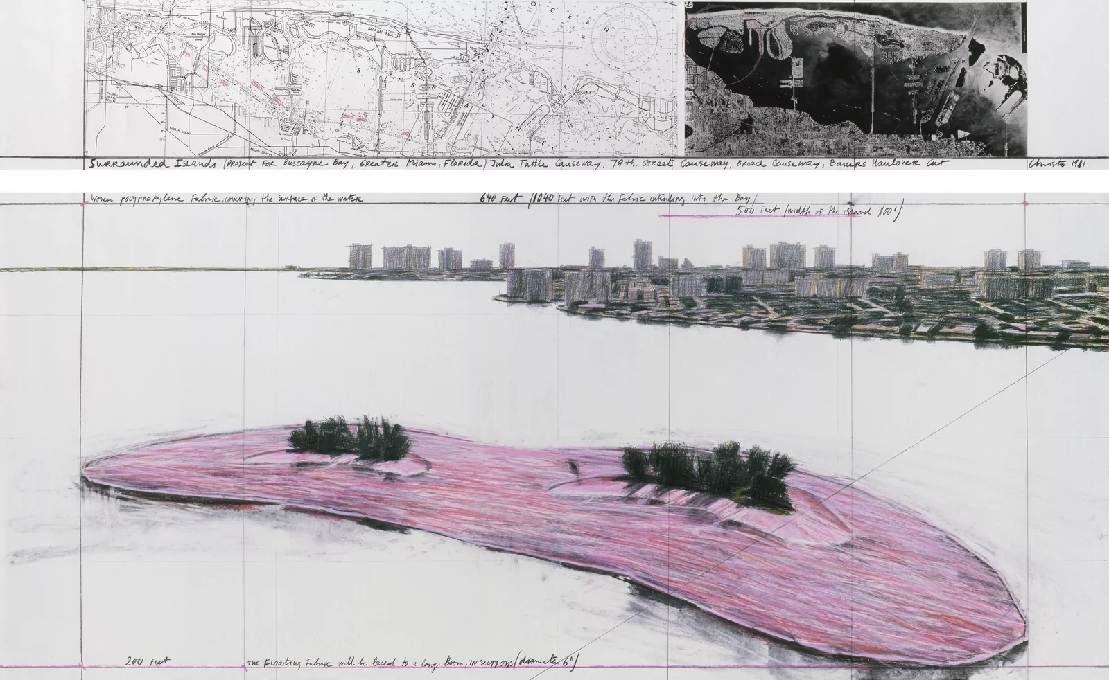 Christo Surrounded Islands (Project for Biscayne Bay, Greater Miami, Florida) Drawing 1981 in two parts Pencil, charcoal, pastel, wax crayon, aerial photograph, and map 38 x 244 cm and 106.6 x 244 cm (15 x 96 in and 42 x 96 in) — Property of the Estate of Christo V. Javacheff Photo: Wolfgang Volz © 1981 Christo and Jeanne-Claude Foundation
