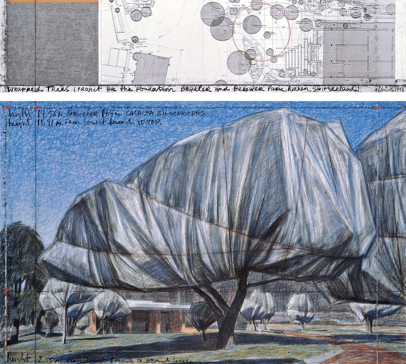 Christo Wrapped Trees (Project for the Fondation Beyeler and Berower Park, Riehen, Switzerland) Drawing 1998 in two parts Pencil, charcoal, pastel, wax crayon, fabric sample, technical data, topographic map, and tape 38 x 165 cm and 106.6 x 165 cm (15 x 65 in and 42 x 65 in) — Fondation Beyeler, Riehen, Switzerland Photo: André Grossmann © 1998 Christo and Jeanne-Claude Foundation